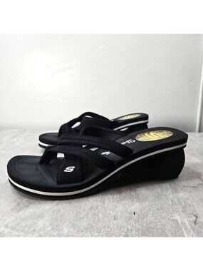 Vintage Skechers Wedge Sandals Size 8 Black Stretchy Y2K Open Toe Strappy Slides